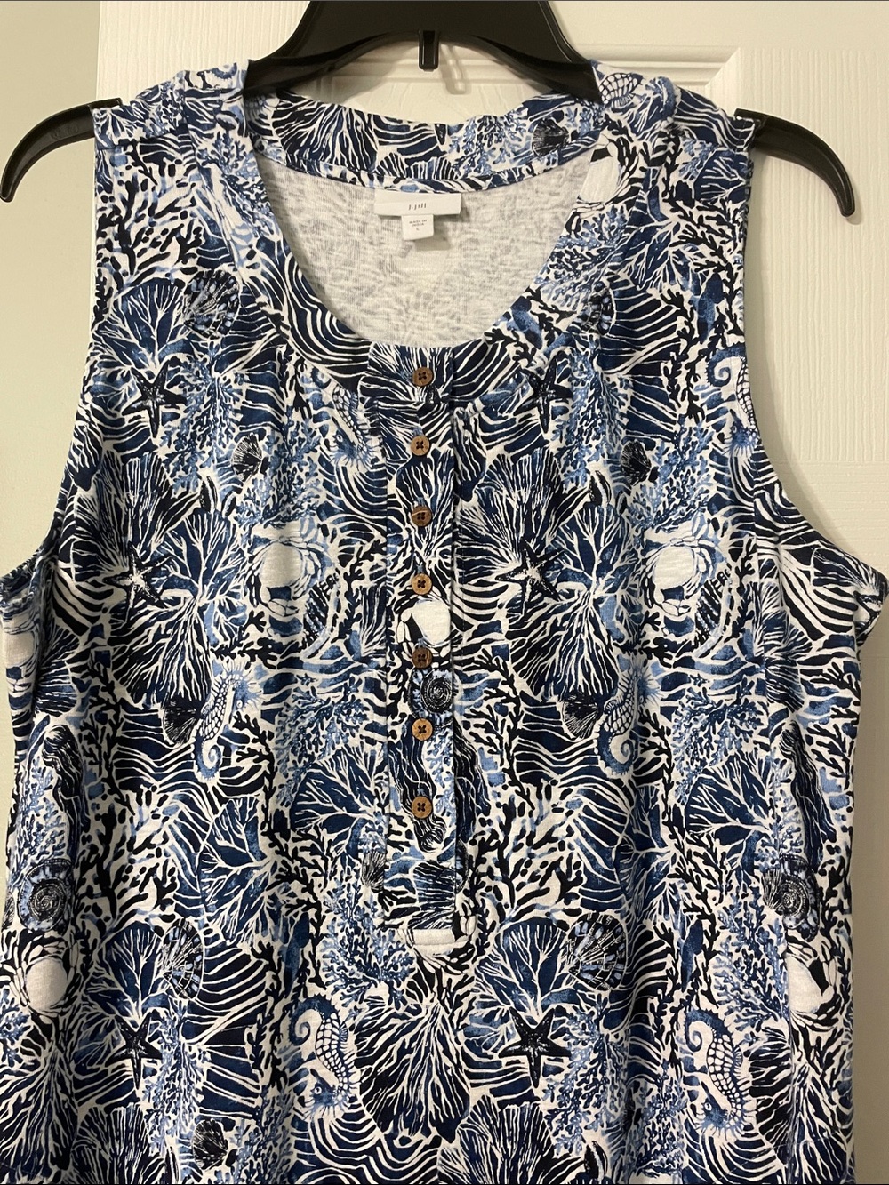 J.Jill Sleeveless Navy & White Henley Style Printed Summer Dress